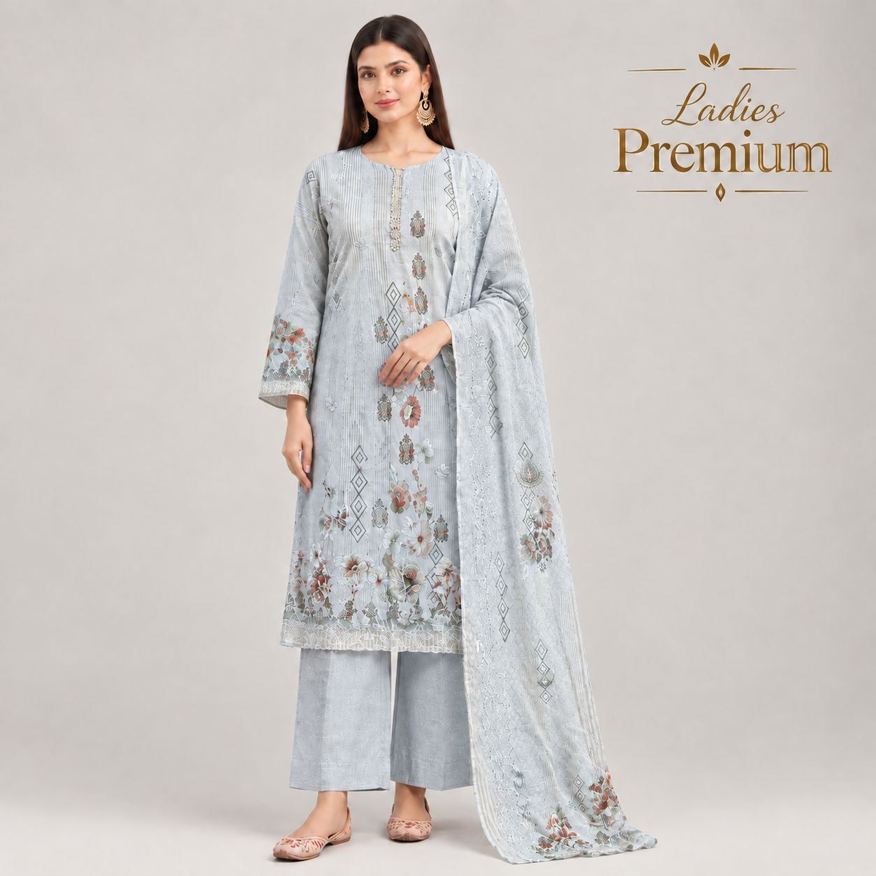 Floral Embroidered Three-Piece - Ice Blue
