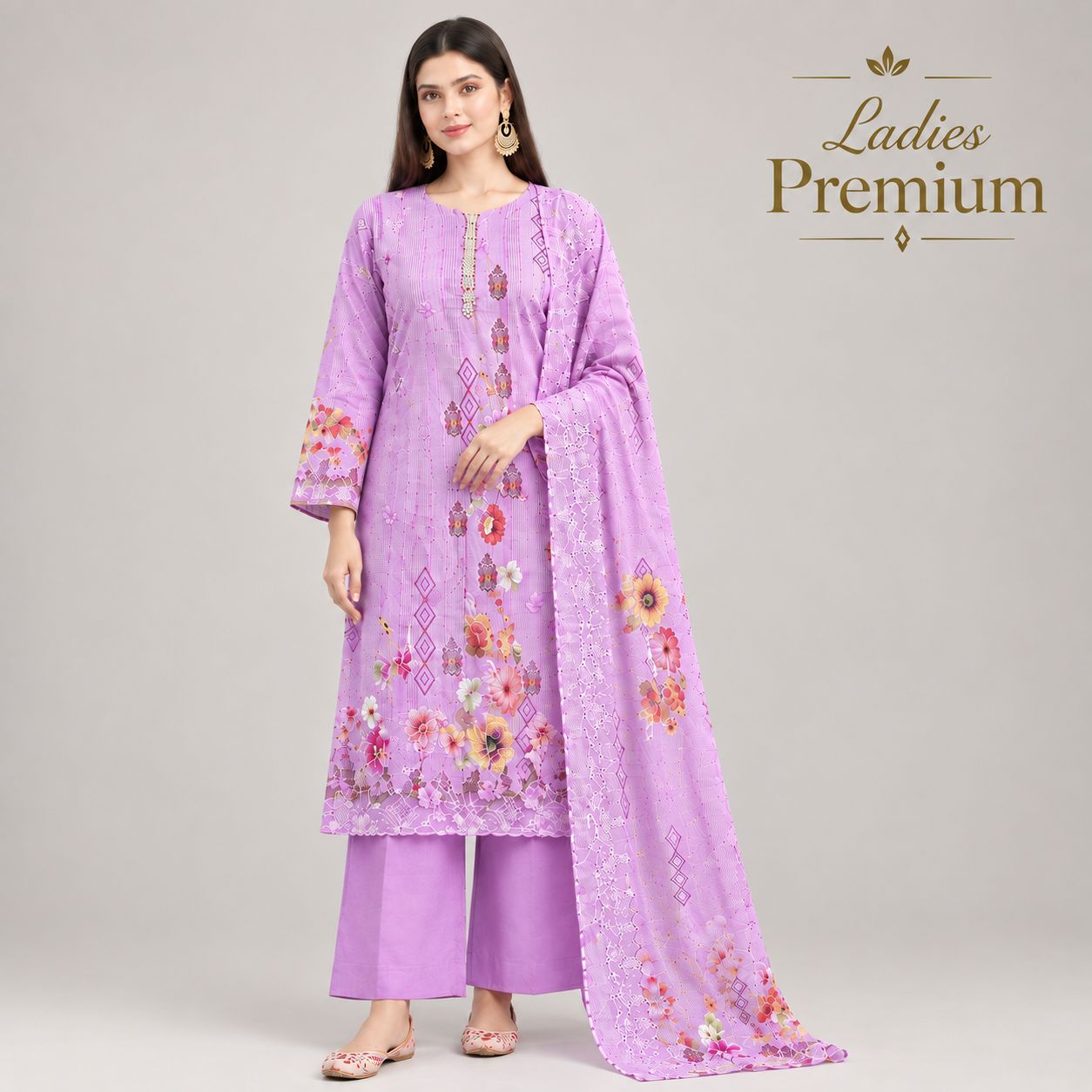 Floral Embroidered Three-Piece - Lavender